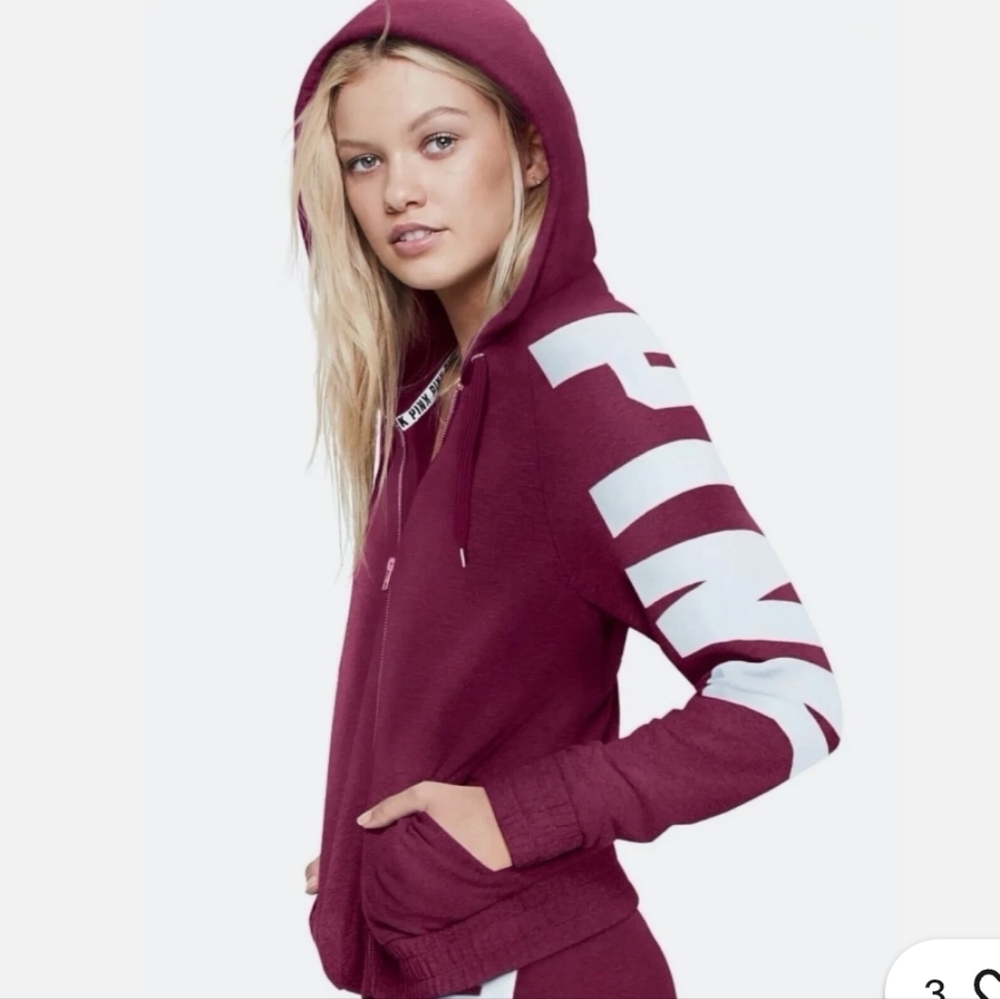PINK Victoria's Secret Maroon Hoodie With White Logo On Arms